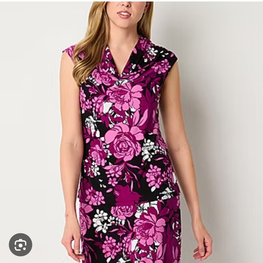 Evan Picone Black and Purple Floral 2 Piece  Midi Skirt Set / Medium